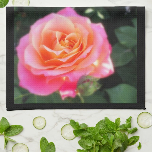 Pretty Pink and Orange Rose Macro Photo  Tea Towel (Folded)