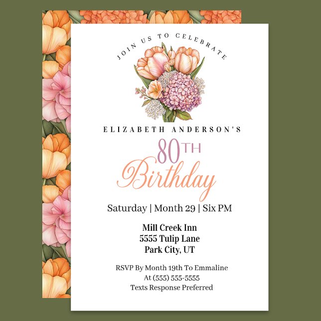 Pretty Pink and Orange Tulip 80th Birthday Invitation (Creator Uploaded)