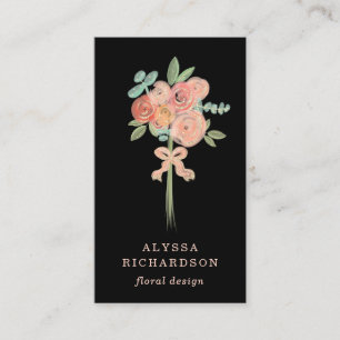 Pretty Pink and Peach Flowers and Gold   Black Business Card