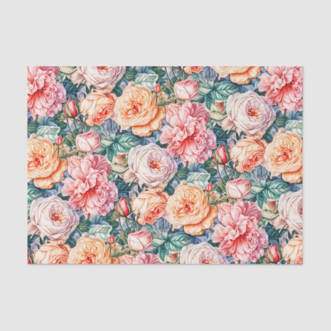 Pretty Pink and Peach Roses Tissue Paper (Front)