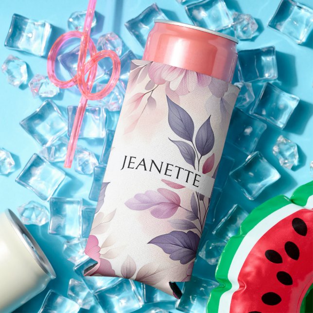 Pretty Pink and Purple Floral Personalised Seltzer Can Cooler (In Situ Summer)