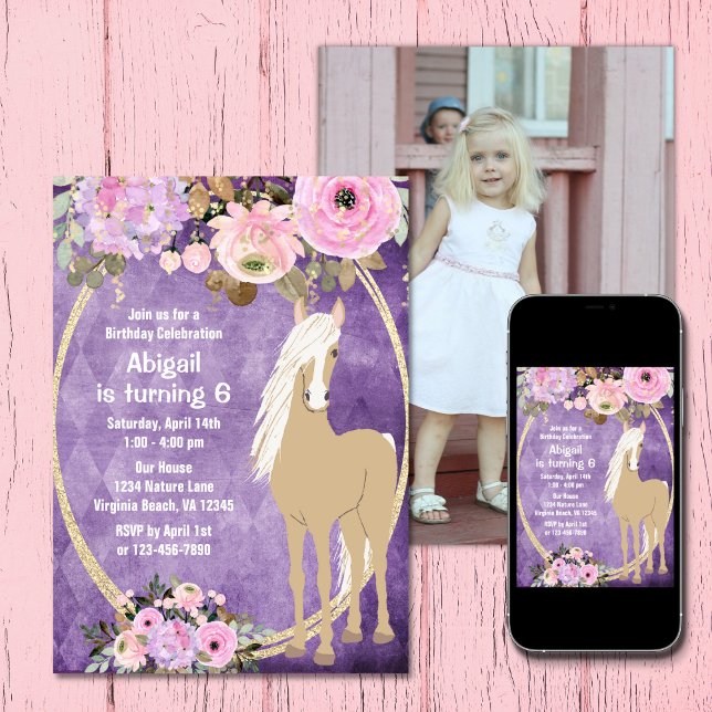 Pretty Pink and Purple Flower Photo Horse Birthday Invitation (Pretty Pink and Purple Flower Photo Horse Birthday Invitation)