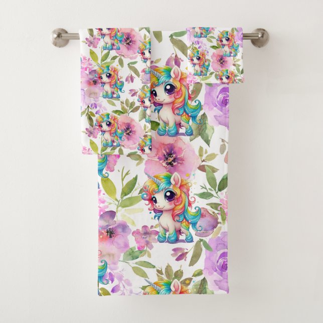 Pretty Pink and Purple Flowers Rainbow Unicorn Bath Towel Set (Insitu)