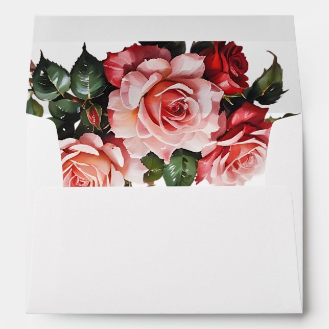 Pretty pink and red roses floral wedding envelope (Back (Bottom))
