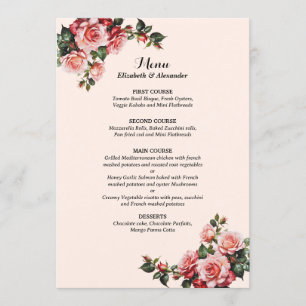 Pretty pink and red roses wedding menu