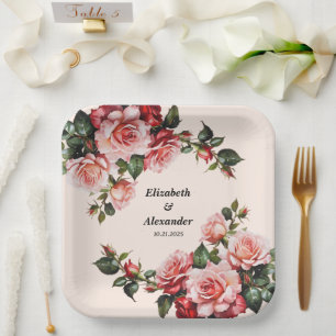 Pretty pink and red roses wedding paper plate