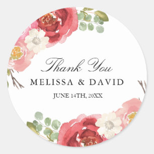 Pretty Pink and Red Watercolour Flower Thank You Classic Round Sticker