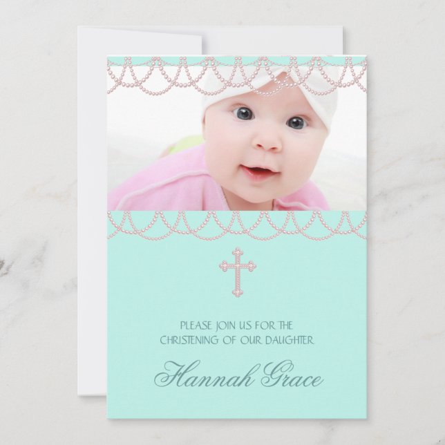 Pretty Pink and Teal Blue Photo Christening Invitation (Front)