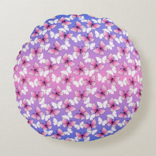Pretty Pink and White Butterfly Round Pillow
