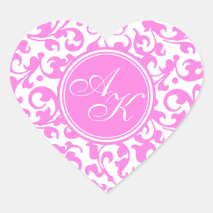 Pretty Pink and White Damask Monogram Heart Sticker