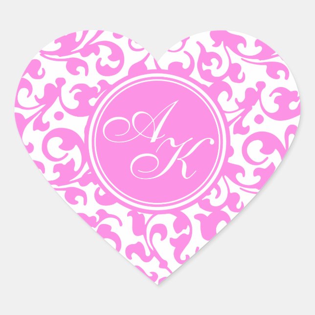Pretty Pink and White Damask Monogram Heart Sticker (Front)