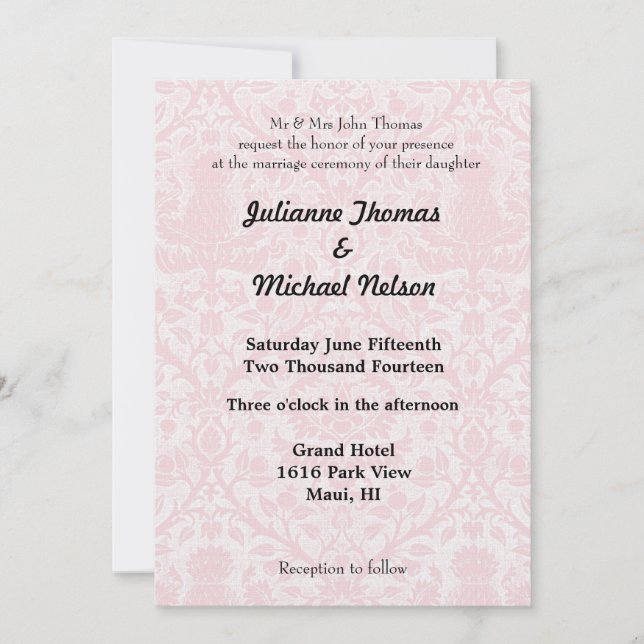 Pretty Pink and White Damask Wedding Invitation (Front)