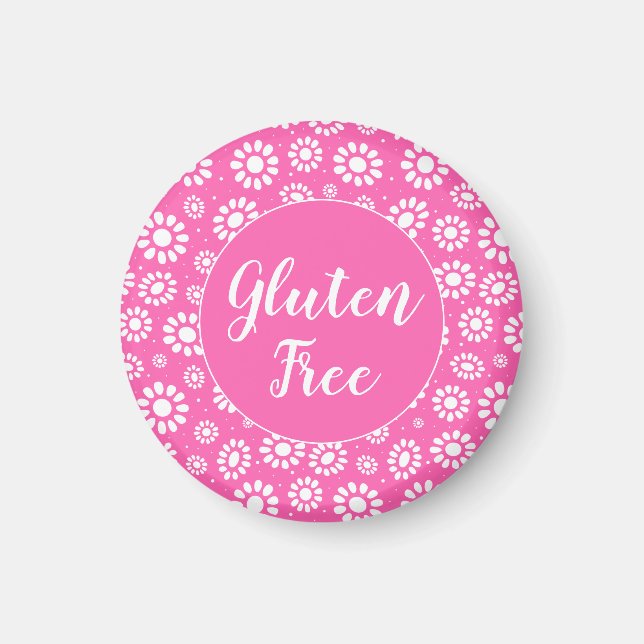 Pretty Pink and White Floral Gluten Free Celiac Magnet (Front)