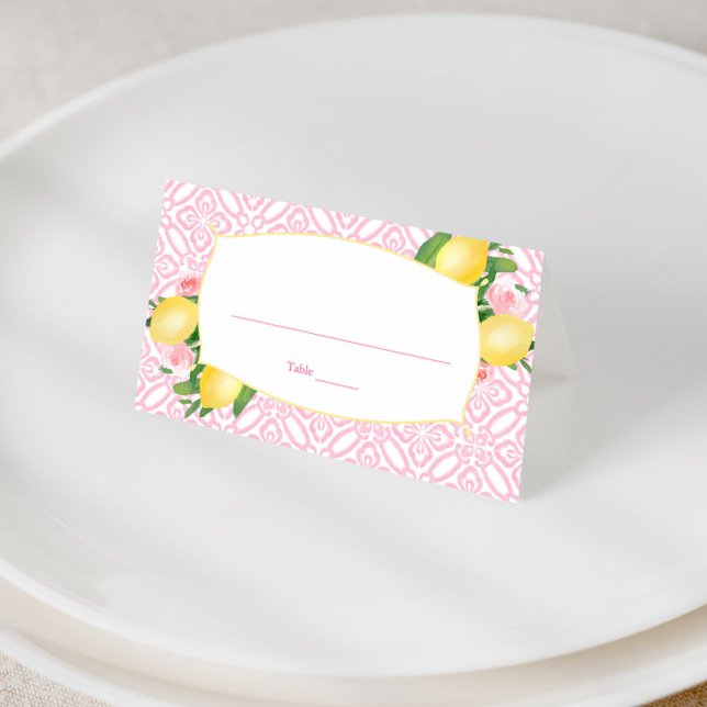 Pretty Pink And White Lemons Baby Shower For Girl  Place Card (Pretty pink and yellow baby girl shower place card design featuring watercolor flowers and lemons)