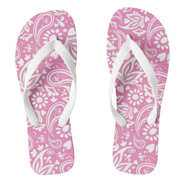 Pretty Pink and White Paisley Patterned Flip Flops (Footbed)