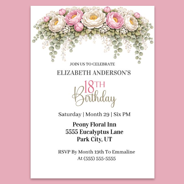 Pretty Pink and White Peony 18th Birthday Invitation (Elegant pink peony floral 18th birthday invitation )