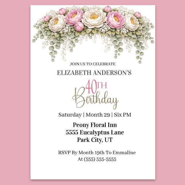 Pretty Pink and White Peony 40th Birthday Invitation (Elegant pink peony and eucalyptus floral 40th birthday party invitation for women
)