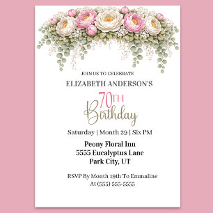 Pretty Pink and White Peony 70th Birthday Invitation