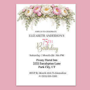 Pretty Pink and White Peony 75th Birthday Invitation