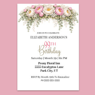 Pretty Pink and White Peony 99th Birthday Invitation