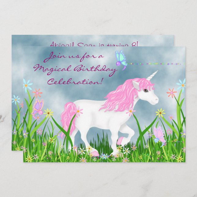 Pretty Pink and White Unicorn Magical Birthday Invitation (Front/Back)