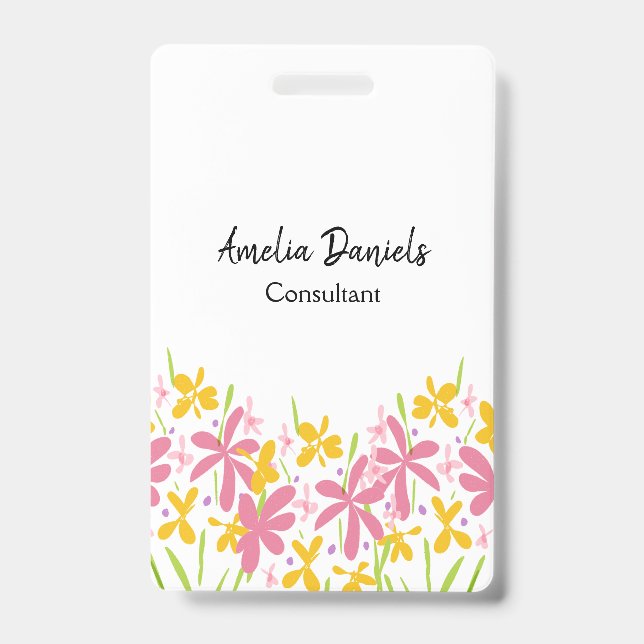 Pretty Pink and Yellow Floral  ID Badge (Front)