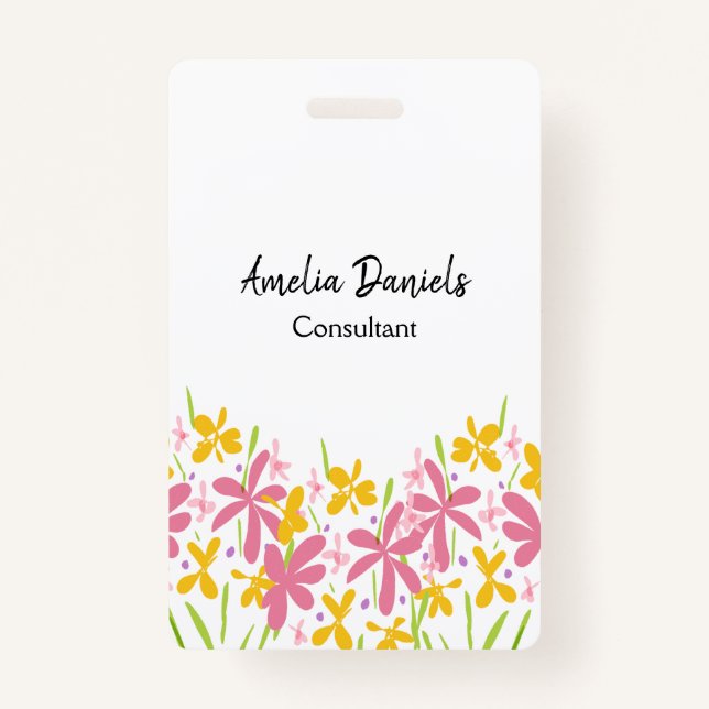 Pretty Pink and Yellow Floral  ID Badge (Front)
