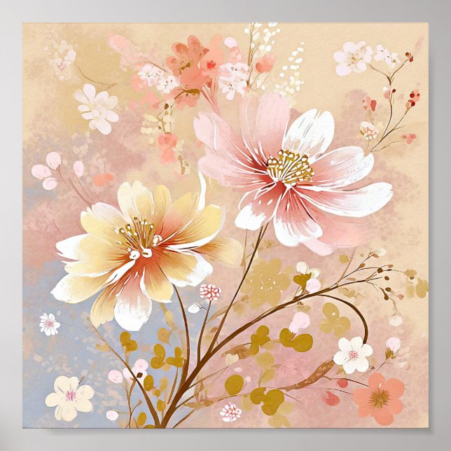 Pretty pink and yellow flowers painting poster (Front)