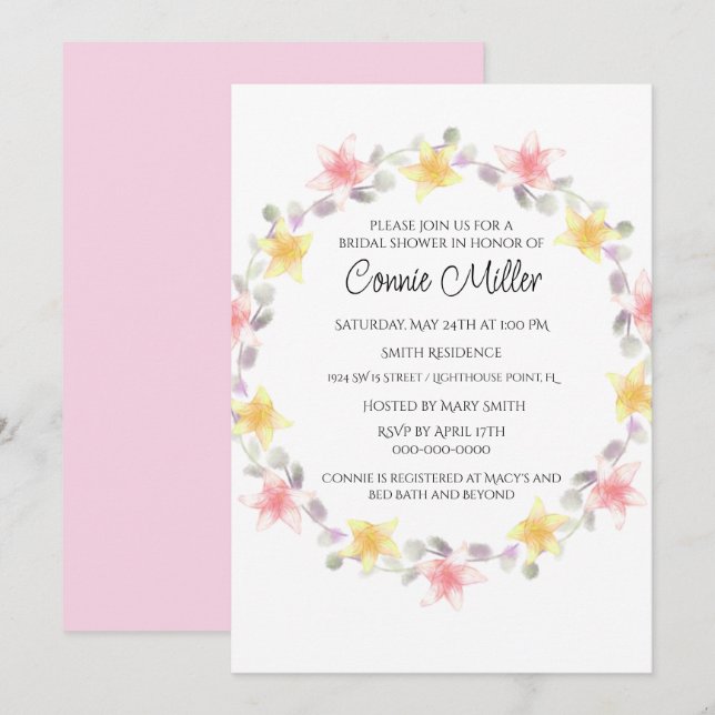 Pretty Pink and Yellow Lilly Flowers Bridal Shower Invitation (Front/Back)
