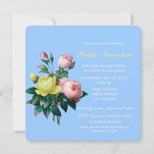 pretty pink and yellow rose flowers bridal shower invitation (Front)
