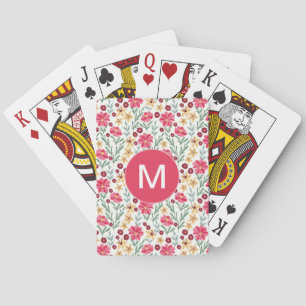 Pretty Pink and Yellow Vintage Floral Monogram Playing Cards