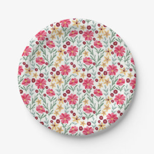 Pretty Pink and Yellow Vintage Floral Pattern Paper Plate