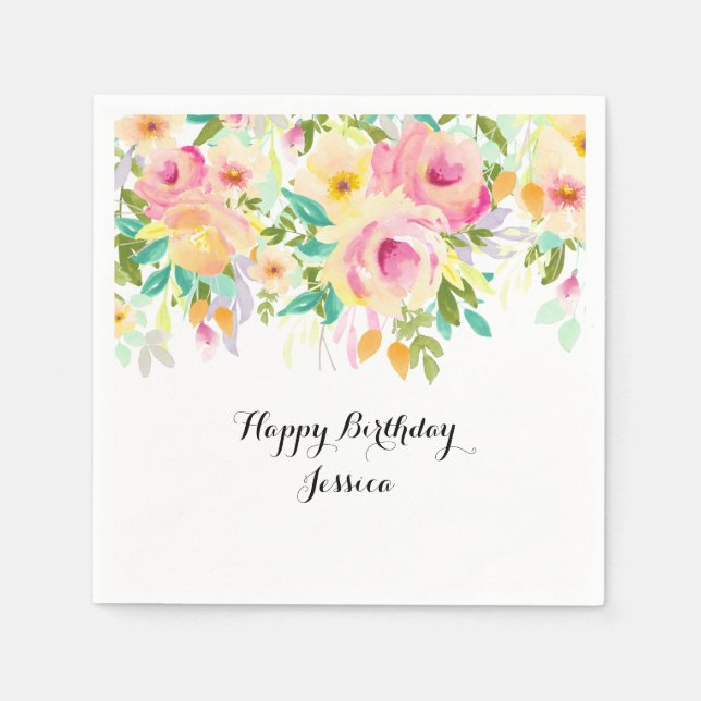 Pretty Pink and Yellow Watercolor Floral Napkin (Front)