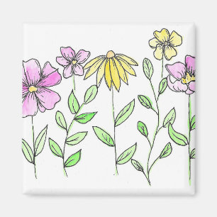 Pretty Pink and Yellow Watercolor Flowers Magnet