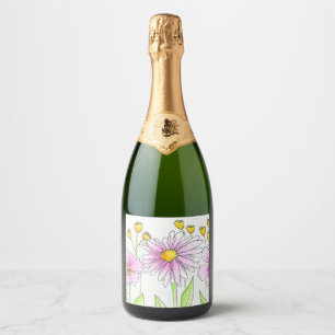 Pretty Pink and Yellow Watercolor Flowers Sparkling Wine Label
