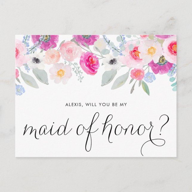 Pretty Pink Anemones Will You Be My Maid of Honour Invitation Postcard (Front)