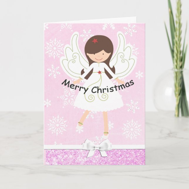 Pretty Pink Angel & Snowflakes Christmas Card (Front)