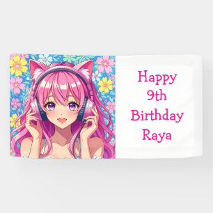 Pretty Pink Anime Girl's Birthday Party Banner