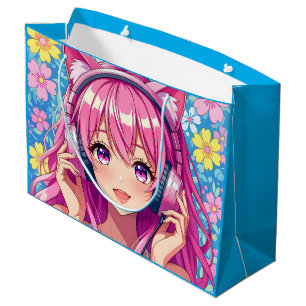 Pretty Pink Anime Girl's Birthday Party Large Gift Bag