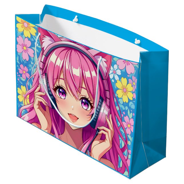 Pretty Pink Anime Girl's Birthday Party Large Gift Bag (Back Angled)