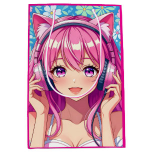 Pretty Pink Anime Girl's Birthday Party Medium Gift Bag