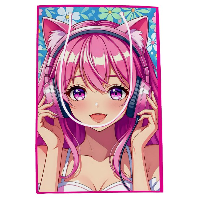 Pretty Pink Anime Girl's Birthday Party Medium Gift Bag (Front)