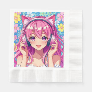 Pretty Pink Anime Girl's Birthday Party Napkin