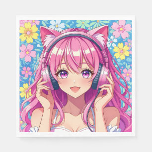 Pretty Pink Anime Girl's Birthday Party Napkin