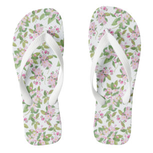 Pretty Pink Apple Blossom on White Background Flip Flops