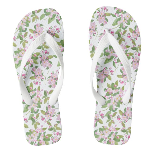 Pretty Pink Apple Blossom on White Background Flip Flops (Footbed)