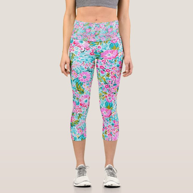 Pretty Pink Aqua Blue Chic Trendy Pastel Floral  Capri Leggings (Front)