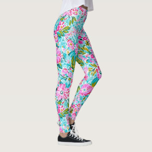 Pretty Pink Aqua Blue Chic Trendy Pastel Floral Leggings