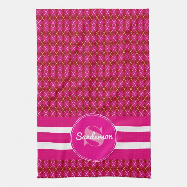 Pretty Pink Argyle w/Name Golf or Tea Towel (Vertical)