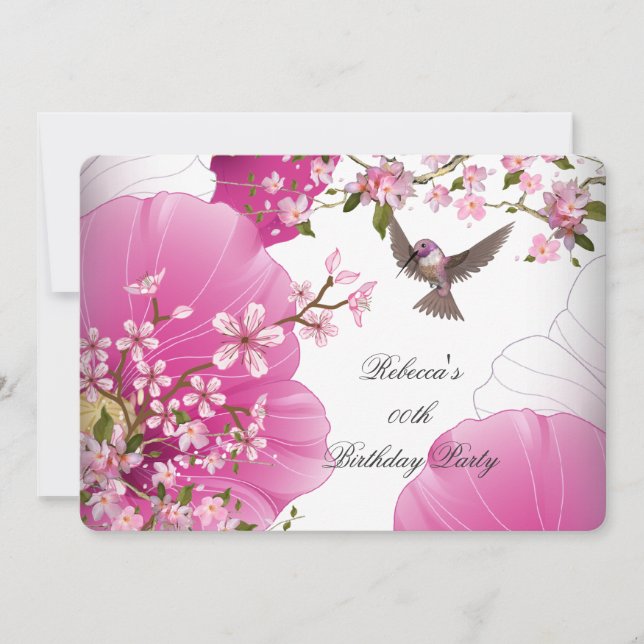 Pretty Pink Asian Blossom Bird Birthday Party 2L Invitation (Front)